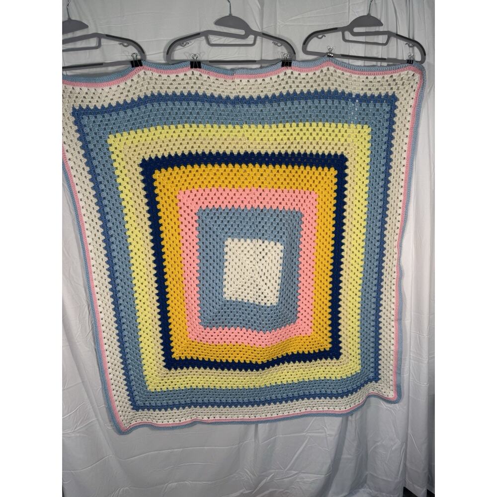 VTG. Handmade Crochet Granny Square Blanket multicolor pastel afghan throw. baby